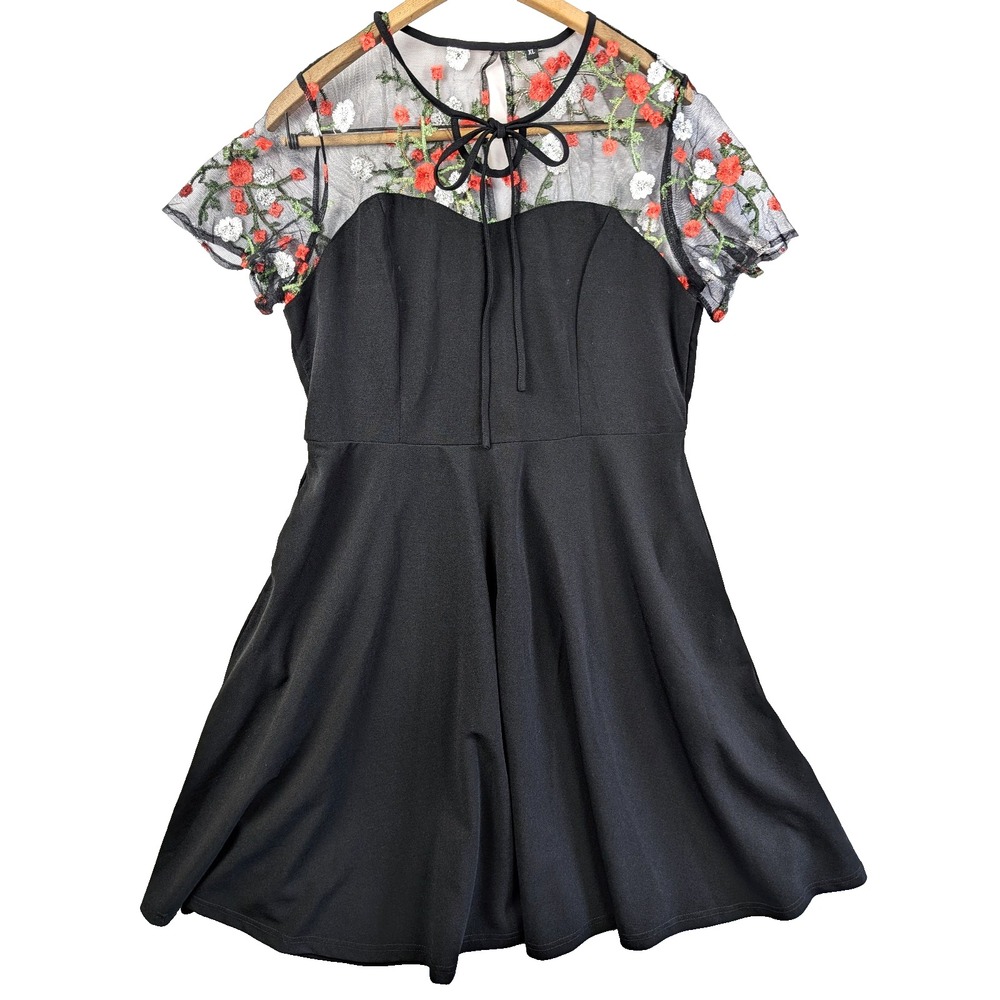Midnight Boho Floral Lace Trim Mesh Black Rose Red white Mini Dress pockets